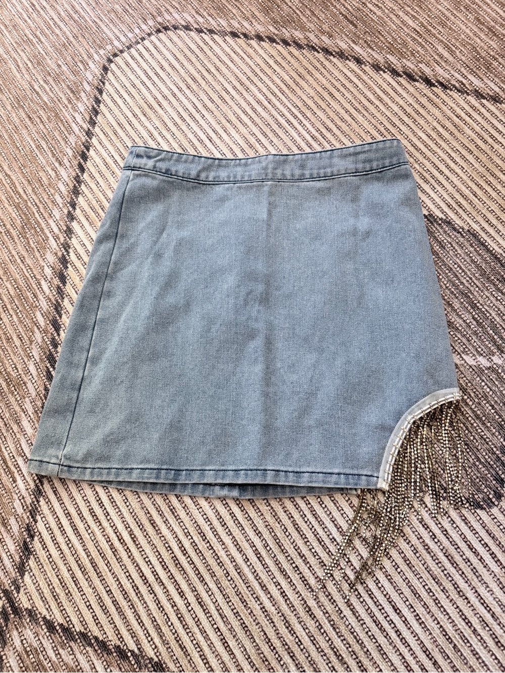 Blue Denim Mini Skirt with Beaded Fringe